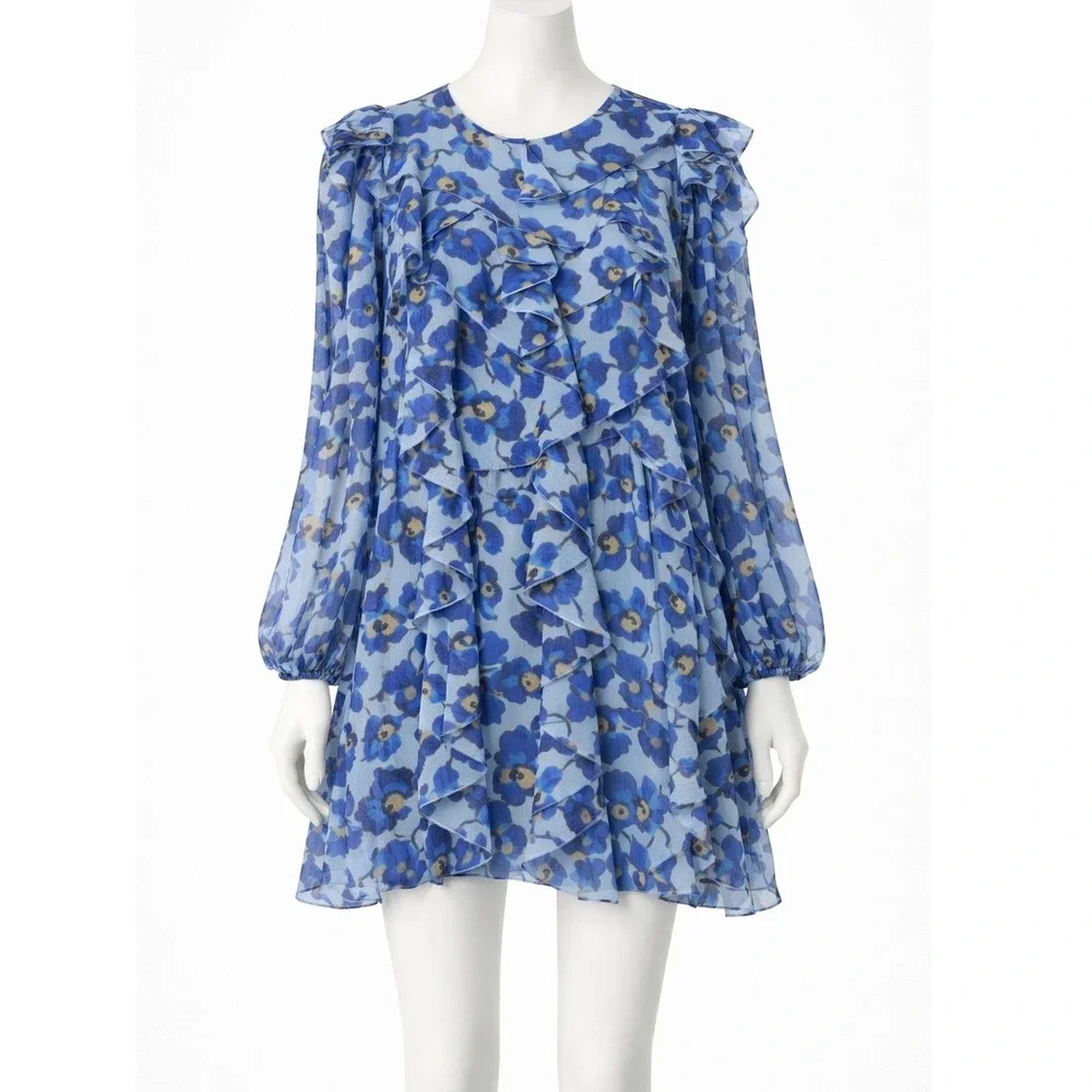 Carolina Herrera Floral Silk Chiffon Ruffle A-Line Mini Dress Blue Print Size 10 - Picture 2 of 15